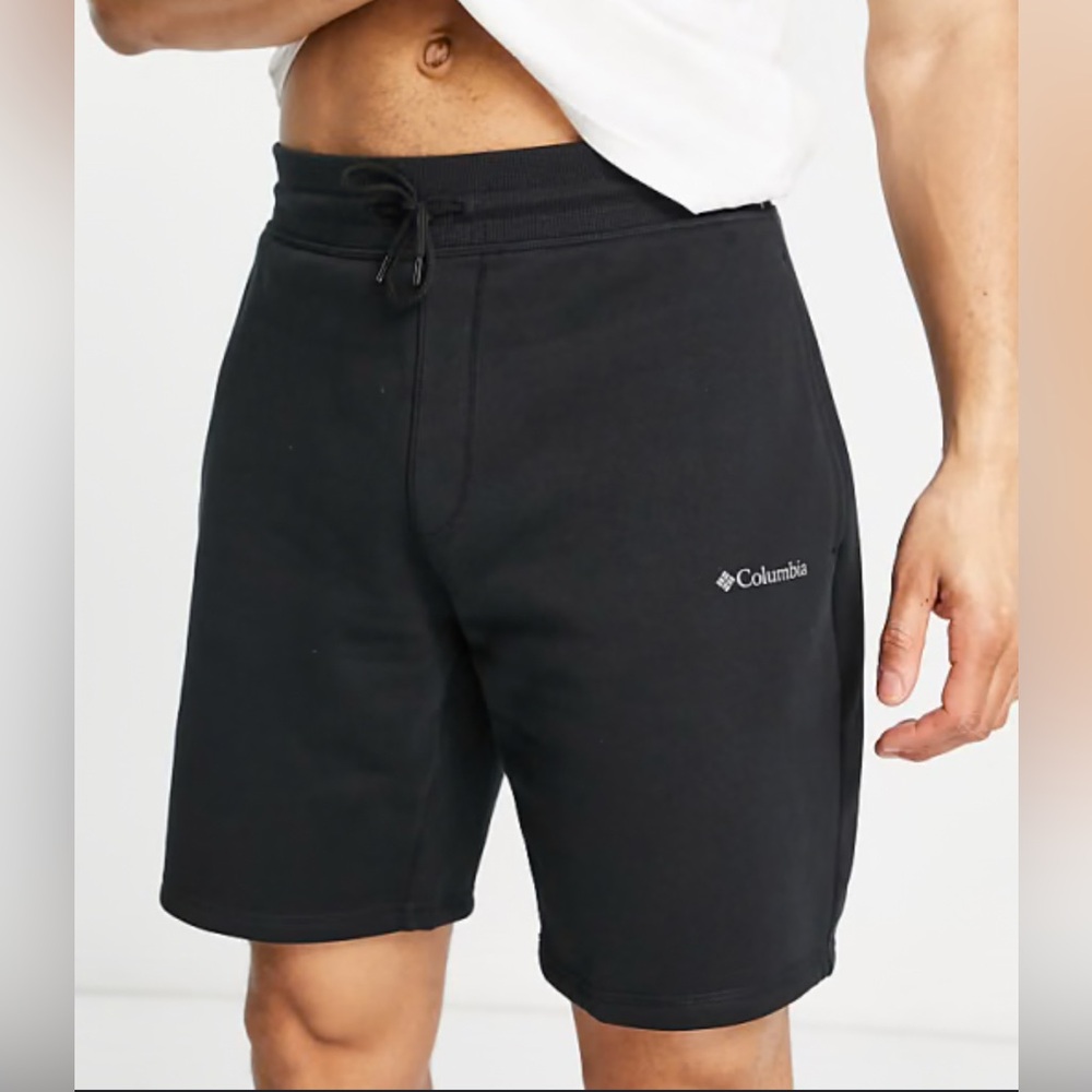Columbia Logo Fleece Shorts in Black. Men's Size Large. Drawstring. Like new!